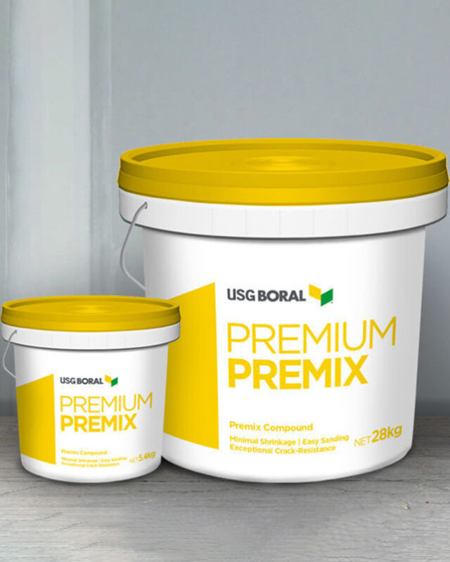 USG Boral Premium Premix is a lightweight, premixed, vinyl-based, air-drying compound used for finishing plasterboard joints, angles and fastener heads